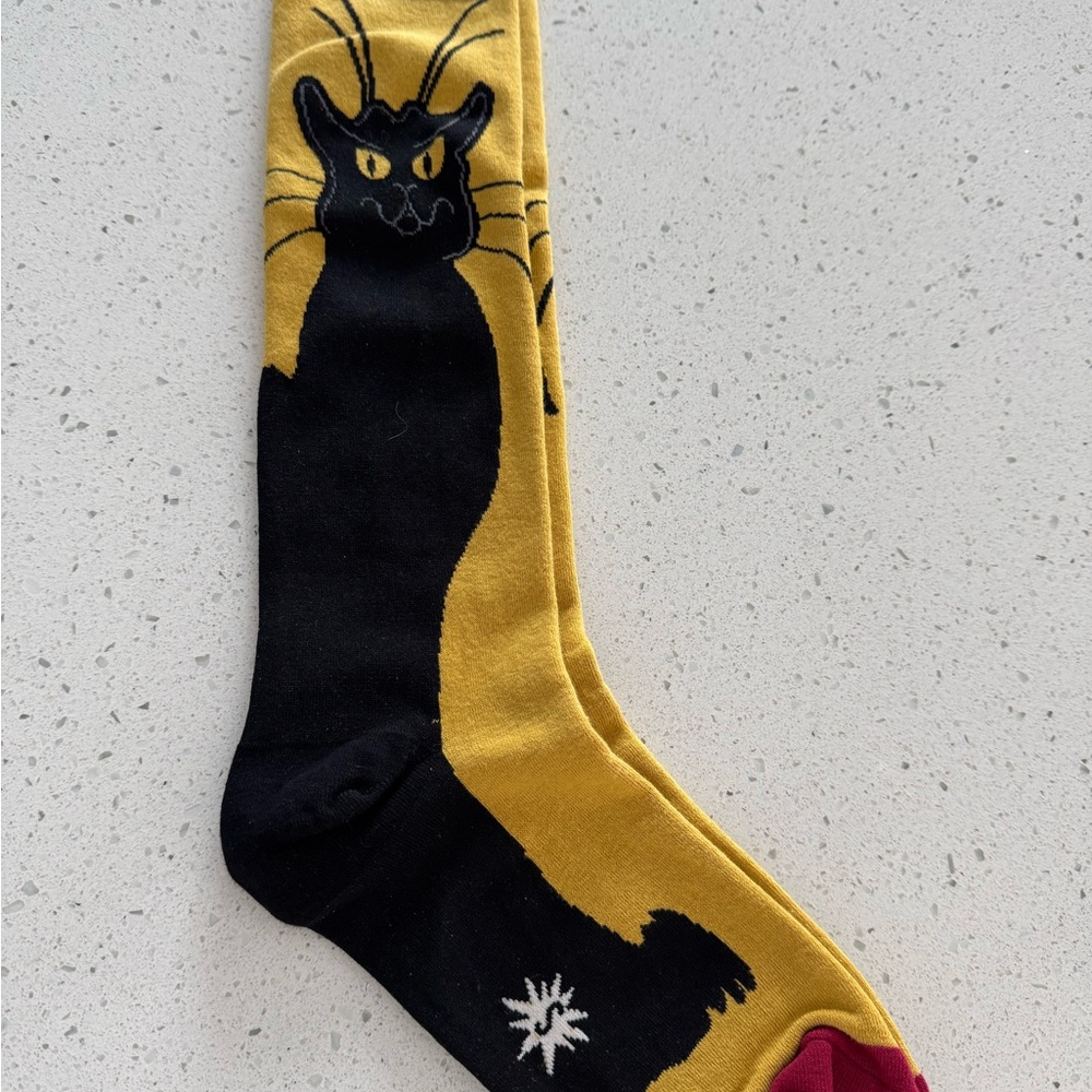 Playful Cat Design Women's Socks - Black and Yellow